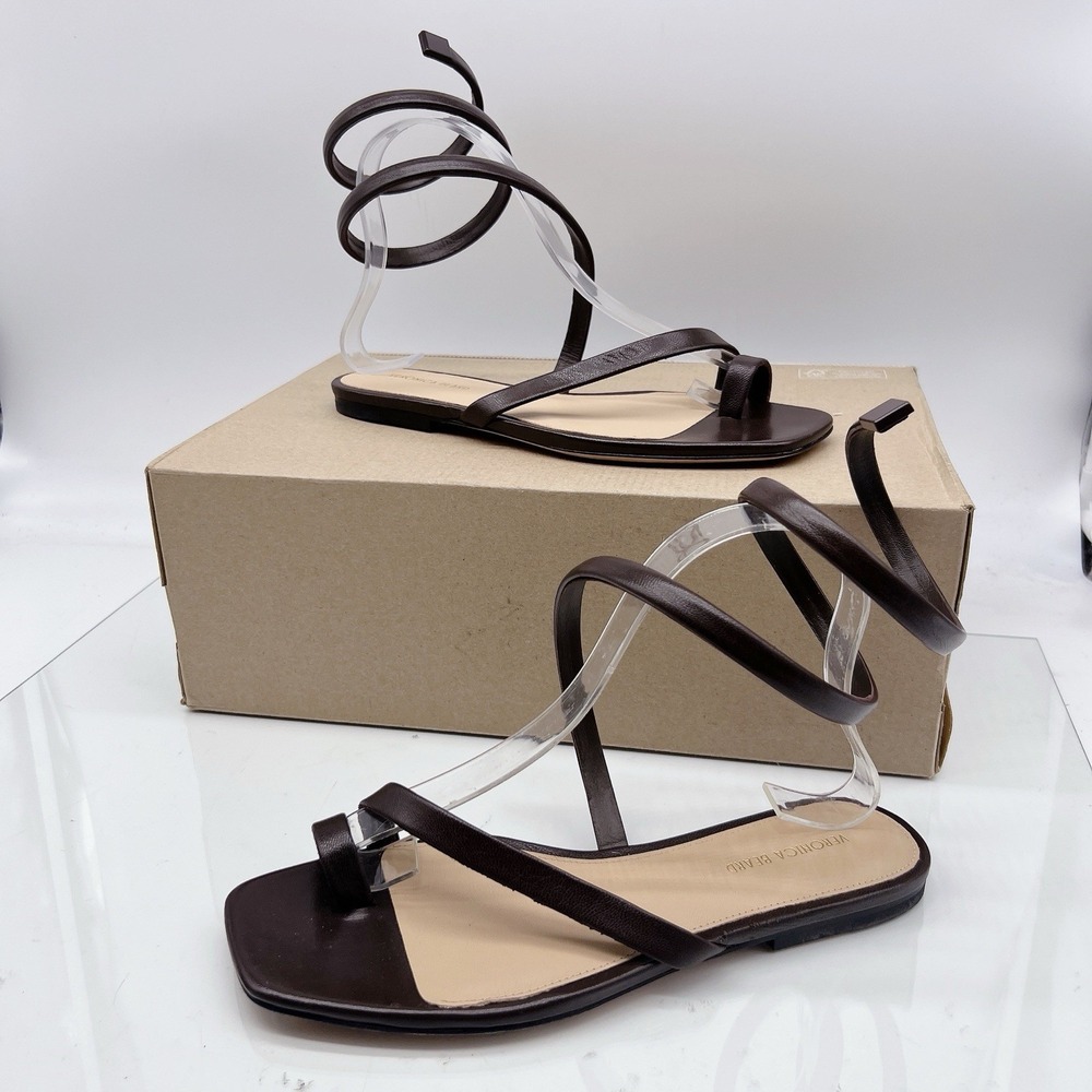Veronica Beard Allura Women's Ankle Wrap Sandals Flats Brown Leather US 6.5